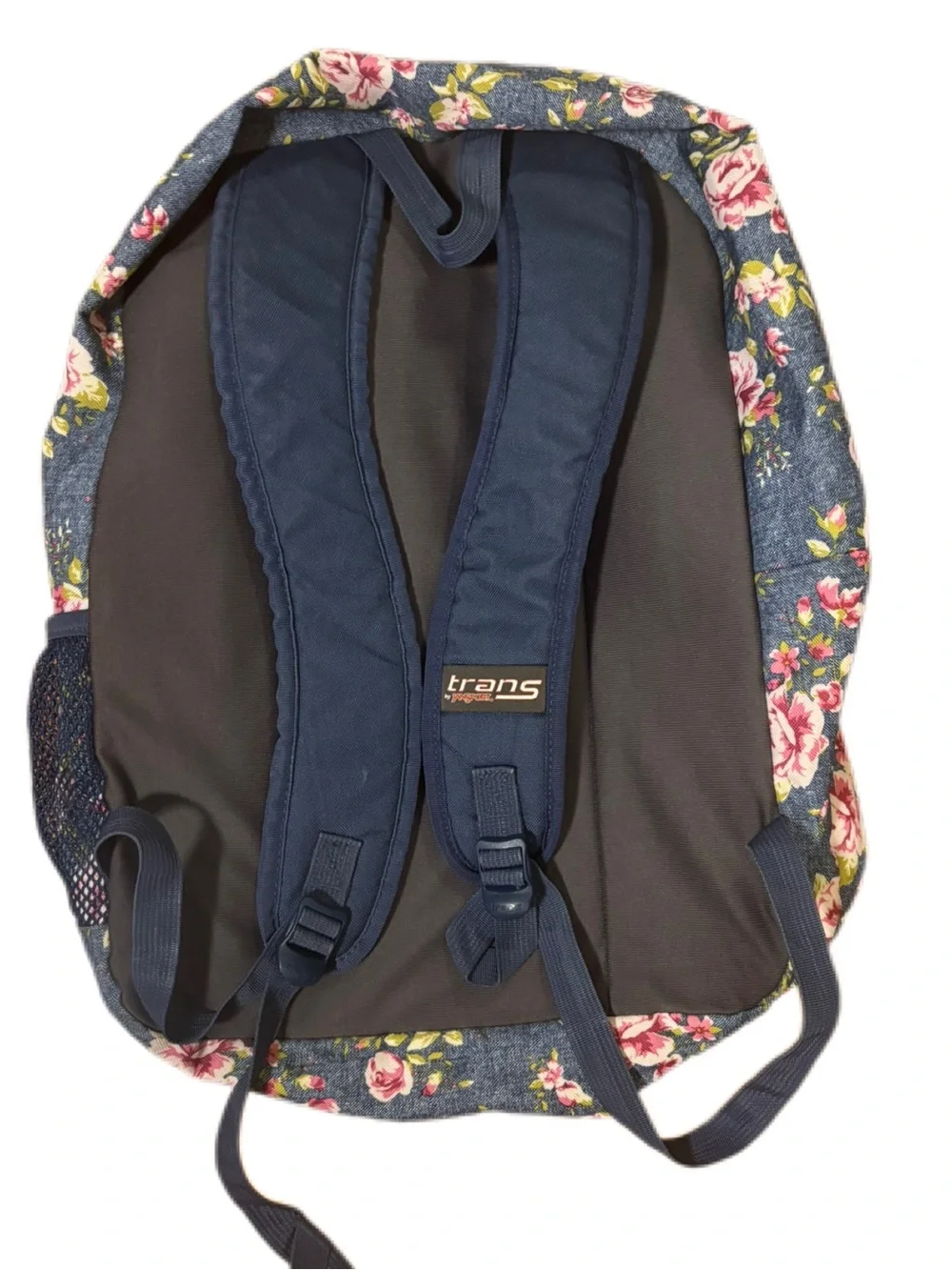 JanSport Trans Floral Denim Backpack Pink Roses School Bag EUC
